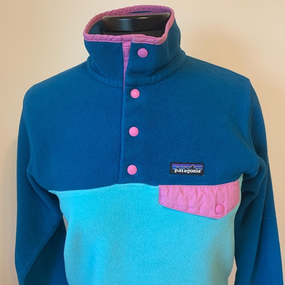 Patagonia Fleece Synchilla Sweater Aqua Turquoise Blue and Pink Colorblock - Picture 4 of 11